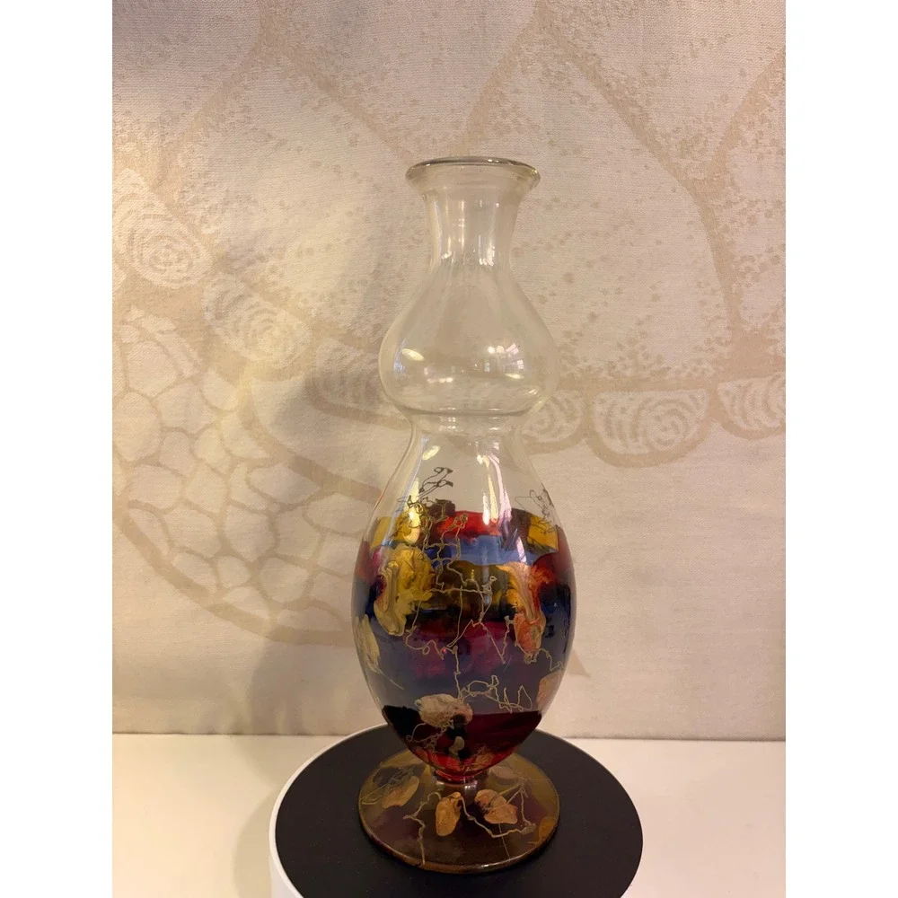 Vintage Romanian Hand Blown Art Glass Vase Double Bulbous Gold Filigree Abstract